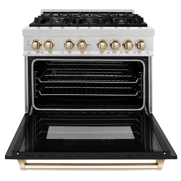 ZLINE Autograph Edition 36 in. 4.6 cu. ft. Legacy Dual Fuel Range with 6 Burner Gas Cooktop and Electric Convection Oven in Satin Stainless Steel with Black Matte Door and Polished Gold Accents, Open Box-Great Condition