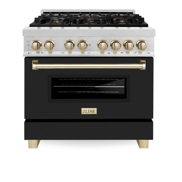 ZLINE Autograph Edition 36 in. 4.6 cu. ft. Legacy Dual Fuel Range with 6 Burner Gas Cooktop and Electric Convection Oven in Satin Stainless Steel with Black Matte Door and Polished Gold Accents, Open Box-Great Condition