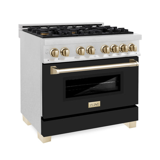 ZLINE Autograph Edition 36 in. 4.6 cu. ft. Legacy Dual Fuel Range with 6 Burner Gas Cooktop and Electric Convection Oven in Satin Stainless Steel with Black Matte Door and Polished Gold Accents, Open Box-Great Condition