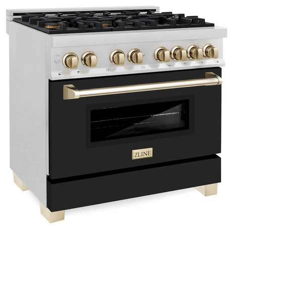 ZLINE Autograph Edition 36 in. 4.6 cu. ft. Legacy Dual Fuel Range with 6 Burner Gas Cooktop and Electric Convection Oven in Satin Stainless Steel with Black Matte Door and Polished Gold Accents, Open Box-Great Condition