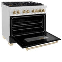 ZLINE Autograph Edition 36 in. 4.6 cu. ft. Legacy Dual Fuel Range with 6 Burner Gas Cooktop and Electric Convection Oven in Satin Stainless Steel with Black Matte Door and Polished Gold Accents, Open Box-Great Condition