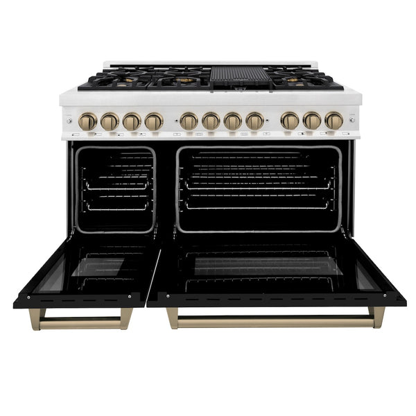 ZLINE Autograph Edition 48 in. 6.0 cu. ft. Legacy Dual Fuel Range with 7 Burner Gas Cooktop and 2 Electric Ovens in Satin Stainless Steel with Black Matte Doors and Champagne Bronze Accents, Open Box-Great Condition