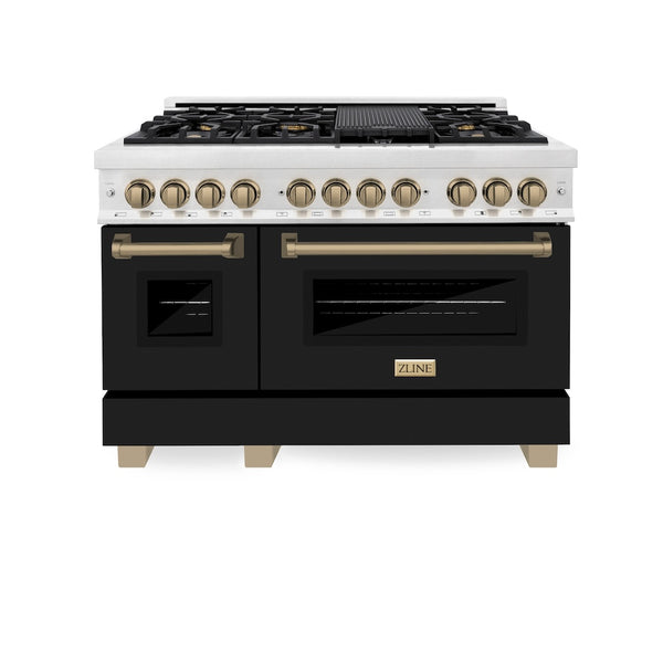 ZLINE Autograph Edition 48 in. 6.0 cu. ft. Legacy Dual Fuel Range with 7 Burner Gas Cooktop and 2 Electric Ovens in Satin Stainless Steel with Black Matte Doors and Champagne Bronze Accents, Open Box-Great Condition