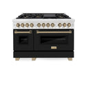 ZLINE Autograph Edition 48 in. 6.0 cu. ft. Legacy Dual Fuel Range with 7 Burner Gas Cooktop and 2 Electric Ovens in Satin Stainless Steel with Black Matte Doors and Champagne Bronze Accents, Open Box-Good Condition