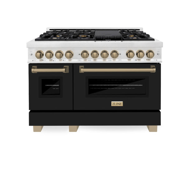 ZLINE Autograph Edition 48 in. 6.0 cu. ft. Legacy Dual Fuel Range with 7 Burner Gas Cooktop and 2 Electric Ovens in Satin Stainless Steel with Black Matte Doors and Champagne Bronze Accents, Open Box-Good Condition