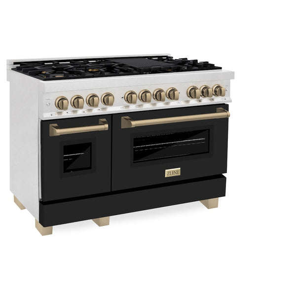 ZLINE Autograph Edition 48 in. 6.0 cu. ft. Legacy Dual Fuel Range with 7 Burner Gas Cooktop and 2 Electric Ovens in Satin Stainless Steel with Black Matte Doors and Champagne Bronze Accents, Open Box-Good Condition