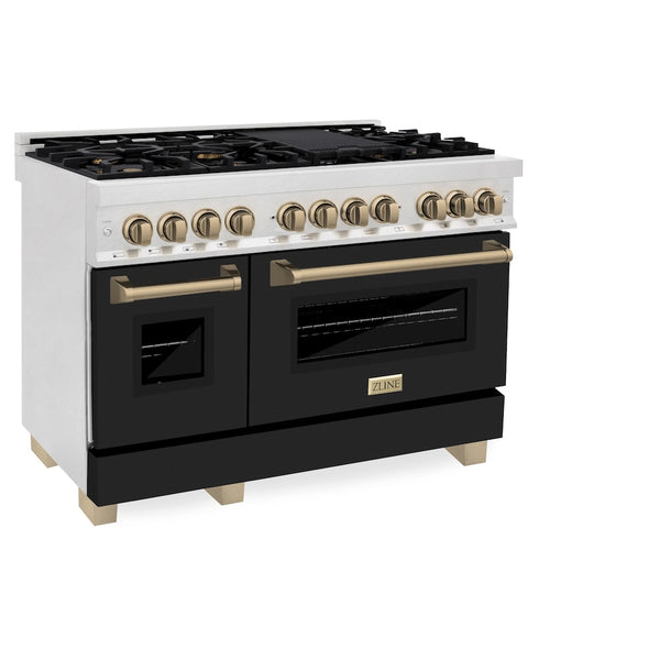 ZLINE Autograph Edition 48 in. 6.0 cu. ft. Legacy Dual Fuel Range with 7 Burner Gas Cooktop and 2 Electric Ovens in Satin Stainless Steel with Black Matte Doors and Champagne Bronze Accents, Open Box-Great Condition