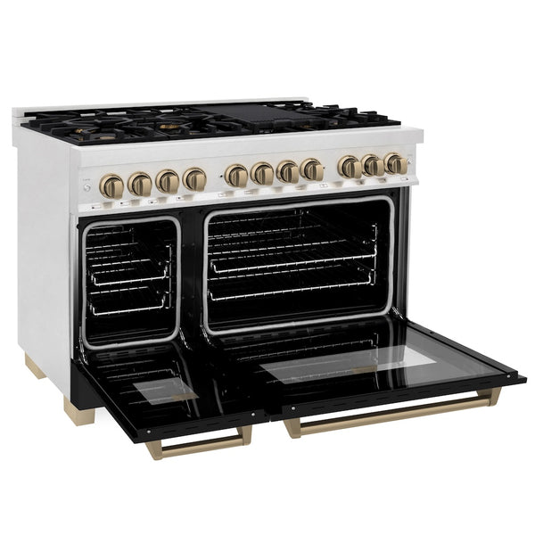 ZLINE Autograph Edition 48 in. 6.0 cu. ft. Legacy Dual Fuel Range with 7 Burner Gas Cooktop and 2 Electric Ovens in Satin Stainless Steel with Black Matte Doors and Champagne Bronze Accents, Open Box-Great Condition