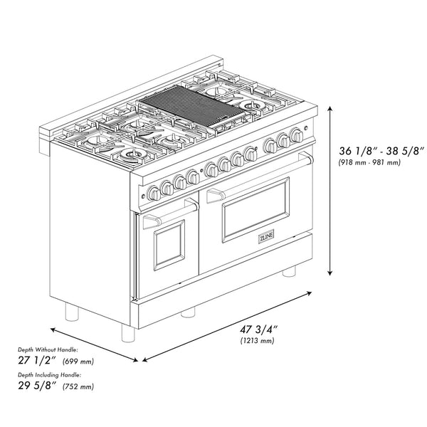 ZLINE Autograph Edition 48 in. 6.0 cu. ft. Legacy Dual Fuel Range with 7 Burner Gas Cooktop and 2 Electric Ovens in Satin Stainless Steel with Black Matte Doors and Polished Gold Accents, Open Box-Great Condition