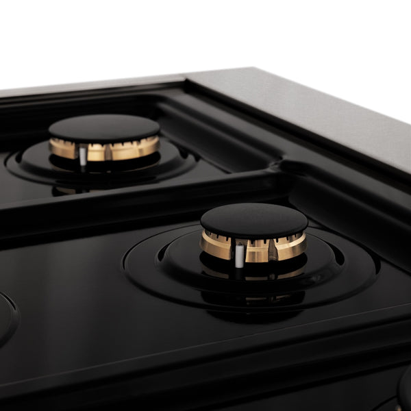 ZLINE Autograph Edition 48 in. 6.0 cu. ft. Legacy Dual Fuel Range with 7 Burner Gas Cooktop and 2 Electric Ovens in Satin Stainless Steel with Black Matte Doors and Polished Gold Accents, Open Box-Great Condition