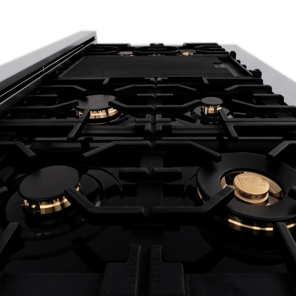 ZLINE Autograph Edition 48 in. 6.0 cu. ft. Legacy Dual Fuel Range with 7 Burner Gas Cooktop and 2 Electric Ovens in Satin Stainless Steel with Black Matte Doors and Polished Gold Accents, Open Box-Great Condition