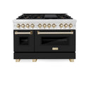 ZLINE Autograph Edition 48 in. 6.0 cu. ft. Legacy Dual Fuel Range with 7 Burner Gas Cooktop and 2 Electric Ovens in Satin Stainless Steel with Black Matte Doors and Polished Gold Accents, Open Box-Good Condition