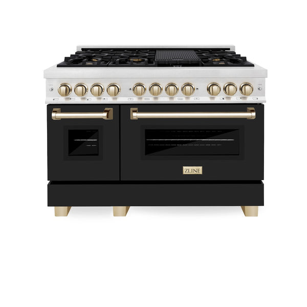 ZLINE Autograph Edition 48 in. 6.0 cu. ft. Legacy Dual Fuel Range with 7 Burner Gas Cooktop and 2 Electric Ovens in Satin Stainless Steel with Black Matte Doors and Polished Gold Accents, Open Box-Great Condition