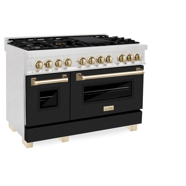 ZLINE Autograph Edition 48 in. 6.0 cu. ft. Legacy Dual Fuel Range with 7 Burner Gas Cooktop and 2 Electric Ovens in Satin Stainless Steel with Black Matte Doors and Polished Gold Accents, Open Box-Good Condition