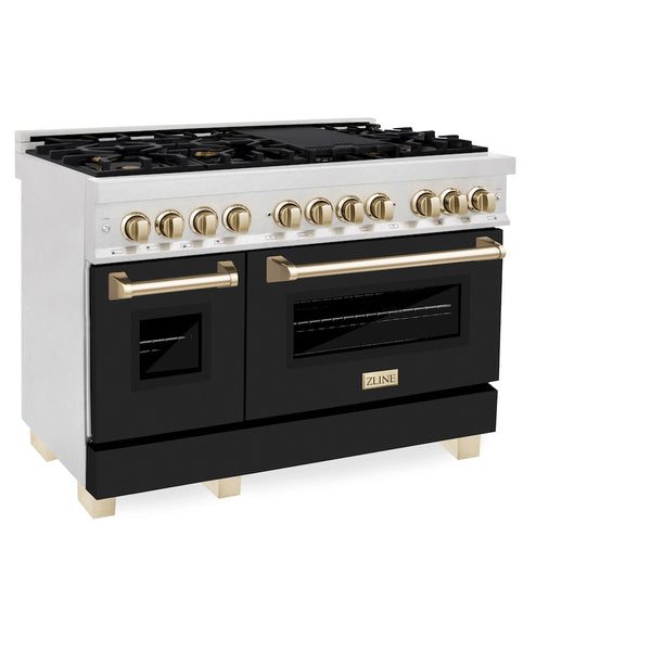ZLINE Autograph Edition 48 in. 6.0 cu. ft. Legacy Dual Fuel Range with 7 Burner Gas Cooktop and 2 Electric Ovens in Satin Stainless Steel with Black Matte Doors and Polished Gold Accents, Open Box-Great Condition