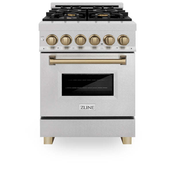 ZLINE Autograph Edition 24 in. 2.8 cu. ft. Legacy Dual Fuel Range with 4 Burner Gas Cooktop and Electric Convection Oven in Satin Stainless Steel and Champagne Bronze Accents, Open Box-Great Condition