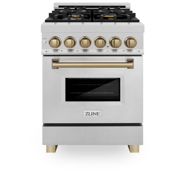 ZLINE Autograph Edition 24 in. 2.8 cu. ft. Legacy Dual Fuel Range with 4 Burner Gas Cooktop and Electric Convection Oven in Satin Stainless Steel and Champagne Bronze Accents (RASZ-SN-24-CB)