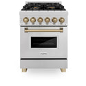 ZLINE Autograph Edition 24 in. 2.8 cu. ft. Legacy Dual Fuel Range with 4 Burner Gas Cooktop and Electric Convection Oven in Satin Stainless Steel and Champagne Bronze Accents, Open Box-Good Condition