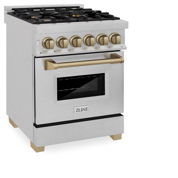 ZLINE Autograph Edition 24 in. 2.8 cu. ft. Legacy Dual Fuel Range with 4 Burner Gas Cooktop and Electric Convection Oven in Satin Stainless Steel and Champagne Bronze Accents (RASZ-SN-24-CB)