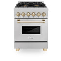 ZLINE Autograph Edition 24 in. 2.8 cu. ft. Legacy Dual Fuel Range with 4 Burner Gas Cooktop and Electric Convection Oven in Satin Stainless Steel and Polished Gold Accents, Open Box-Great Condition