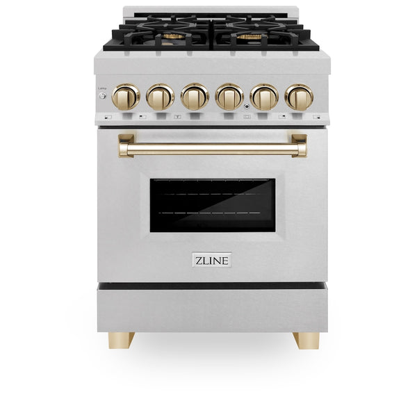 ZLINE Autograph Edition 24 in. 2.8 cu. ft. Legacy Dual Fuel Range with 4 Burner Gas Cooktop and Electric Convection Oven in Satin Stainless Steel and Polished Gold Accents, Open Box-Great Condition