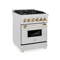 ZLINE Autograph Edition 24 in. 2.8 cu. ft. Legacy Dual Fuel Range with 4 Burner Gas Cooktop and Electric Convection Oven in Satin Stainless Steel and Polished Gold Accents, Open Box-Great Condition