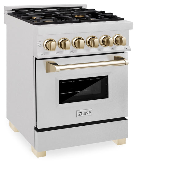 ZLINE Autograph Edition 24 in. 2.8 cu. ft. Legacy Dual Fuel Range with 4 Burner Gas Cooktop and Electric Convection Oven in Satin Stainless Steel and Polished Gold Accents, Open Box-Great Condition