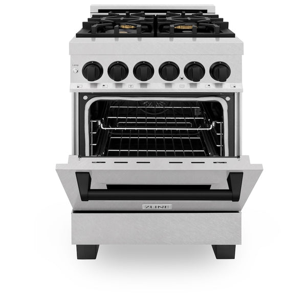 ZLINE Autograph Edition 24 in. 2.8 cu. ft. Legacy Dual Fuel Range with 4 Burner Gas Cooktop and Electric Convection Oven in Satin Stainless Steel and Matte Black Accents, Open Box-Great Condition