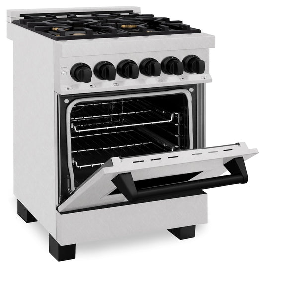 ZLINE Autograph Edition 24 in. 2.8 cu. ft. Legacy Dual Fuel Range with 4 Burner Gas Cooktop and Electric Convection Oven in Satin Stainless Steel and Matte Black Accents, Open Box-Great Condition