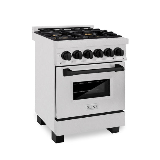 ZLINE Autograph Edition 24 in. 2.8 cu. ft. Legacy Dual Fuel Range with 4 Burner Gas Cooktop and Electric Convection Oven in Satin Stainless Steel and Matte Black Accents, Open Box-Great Condition