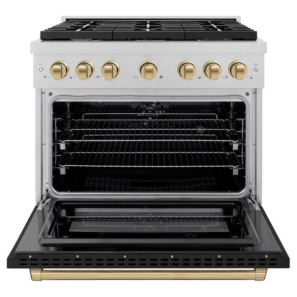 ZLINE Autograph Edition 36 in. 5.2 cu. ft. Paramount Dual Fuel Range with 6 Burner Gas Cooktop and Electric Convection Oven in Satin Stainless Steel with Black Matte Door and Champagne Bronze Accents, Open Box-Great Condition
