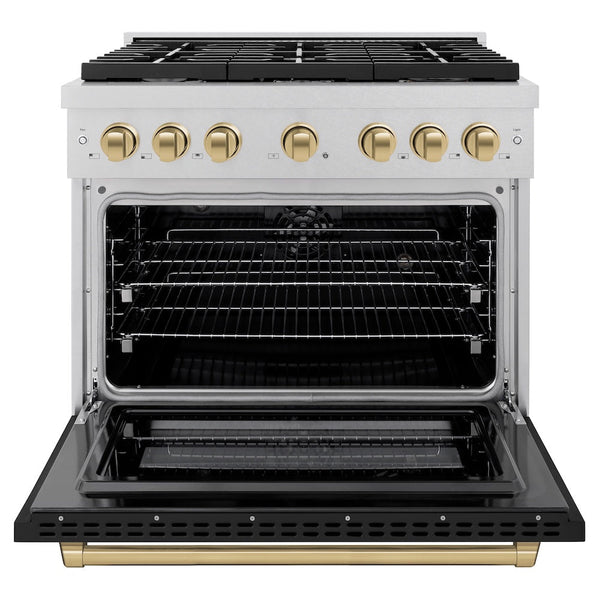 ZLINE Autograph Edition 36 in. 5.2 cu. ft. Paramount Dual Fuel Range with 6 Burner Gas Cooktop and Electric Convection Oven in Satin Stainless Steel with Black Matte Door and Champagne Bronze Accents, Open Box-Good Condition