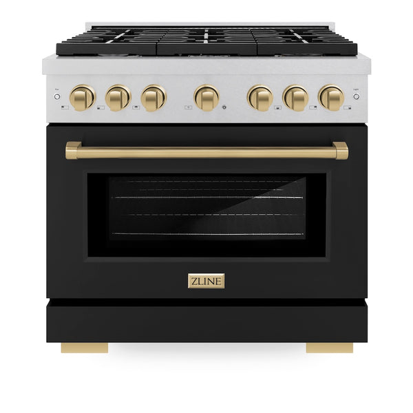 ZLINE Autograph Edition 36 in. 5.2 cu. ft. Paramount Dual Fuel Range with 6 Burner Gas Cooktop and Electric Convection Oven in Satin Stainless Steel with Black Matte Door and Champagne Bronze Accents, Open Box-Great Condition