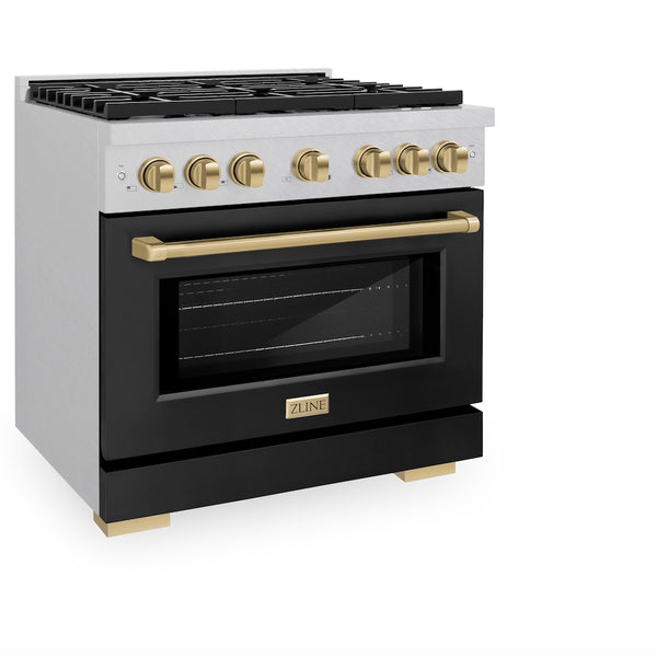 ZLINE Autograph Edition 36 in. 5.2 cu. ft. Paramount Dual Fuel Range with 6 Burner Gas Cooktop and Electric Convection Oven in Satin Stainless Steel with Black Matte Door and Champagne Bronze Accents, Open Box-Great Condition