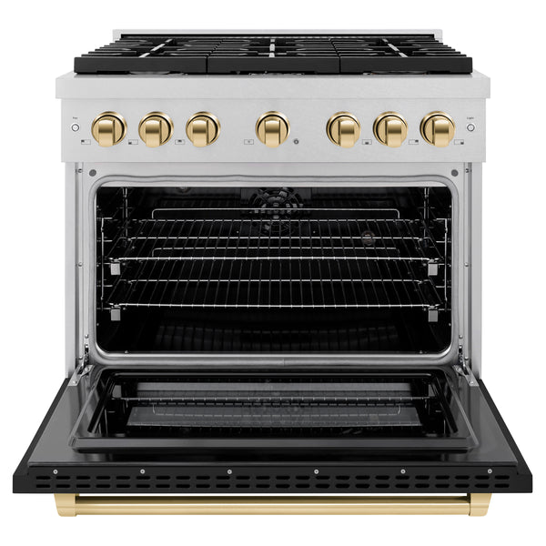 ZLINE Autograph Edition 36 in. 5.2 cu. ft. Paramount Dual Fuel Range with 6 Burner Gas Cooktop and Electric Convection Oven in Satin Stainless Steel with Black Matte Door and Polished Gold Accents (SDRSZ-BLM-36-G)