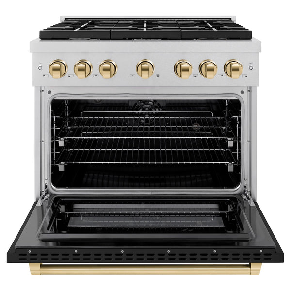 ZLINE Autograph Edition 36 in. 5.2 cu. ft. Paramount Dual Fuel Range with 6 Burner Gas Cooktop and Electric Convection Oven in Satin Stainless Steel with Black Matte Door and Polished Gold Accents, Open Box-Great Condition