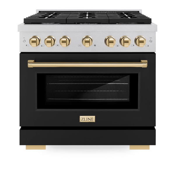 ZLINE Autograph Edition 36 in. 5.2 cu. ft. Paramount Dual Fuel Range with 6 Burner Gas Cooktop and Electric Convection Oven in Satin Stainless Steel with Black Matte Door and Polished Gold Accents, Open Box-Great Condition