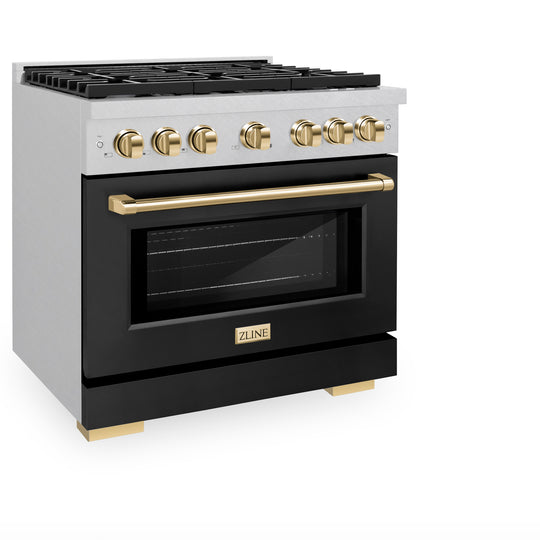 ZLINE Autograph Edition 36 in. 5.2 cu. ft. Paramount Dual Fuel Range with 6 Burner Gas Cooktop and Electric Convection Oven in Satin Stainless Steel with Black Matte Door and Polished Gold Accents (SDRSZ-BLM-36-G)