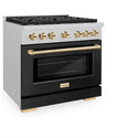 ZLINE Autograph Edition 36 in. 5.2 cu. ft. Paramount Dual Fuel Range with 6 Burner Gas Cooktop and Electric Convection Oven in Satin Stainless Steel with Black Matte Door and Polished Gold Accents, Open Box-Great Condition