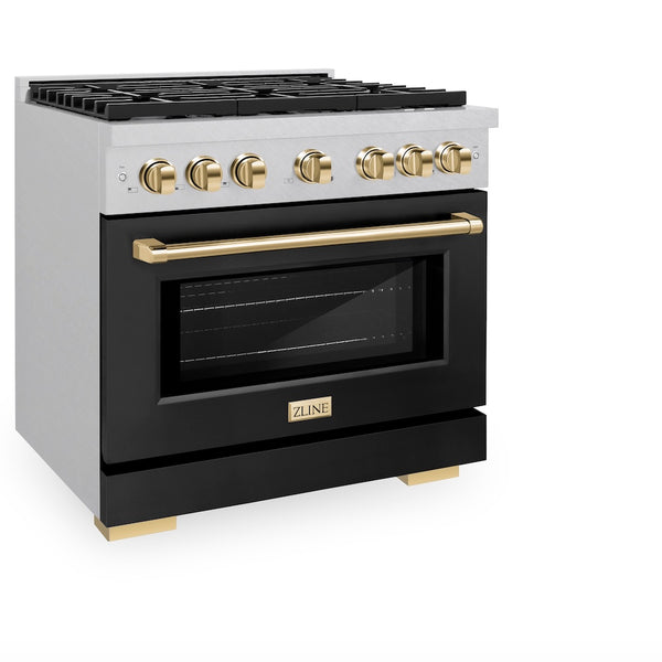 ZLINE Autograph Edition 36 in. 5.2 cu. ft. Paramount Dual Fuel Range with 6 Burner Gas Cooktop and Electric Convection Oven in Satin Stainless Steel with Black Matte Door and Polished Gold Accents, Open Box-Great Condition