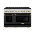 ZLINE Autograph Edition 48 in. 6.7 cu. ft. Paramount Double Oven Dual Fuel Range with 8 Burner Gas Cooktop in Satin Stainless Steel with Black Matte Doors and Champagne Bronze Accents (SDRSZ-BLM-48-CB)