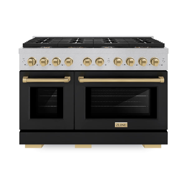 ZLINE Autograph Edition 48 in. 6.7 cu. ft. Paramount Double Oven Dual Fuel Range with 8 Burner Gas Cooktop in Satin Stainless Steel with Black Matte Doors and Champagne Bronze Accents, Open Box-Great Condition