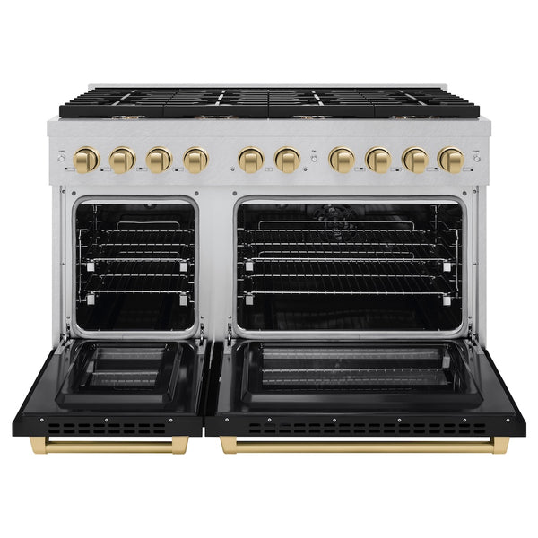 ZLINE Autograph Edition 48 in. 6.7 cu. ft. Paramount Double Oven Dual Fuel Range with 8 Burner Gas Cooktop in Satin Stainless Steel with Black Matte Doors and Champagne Bronze Accents, Open Box-Great Condition