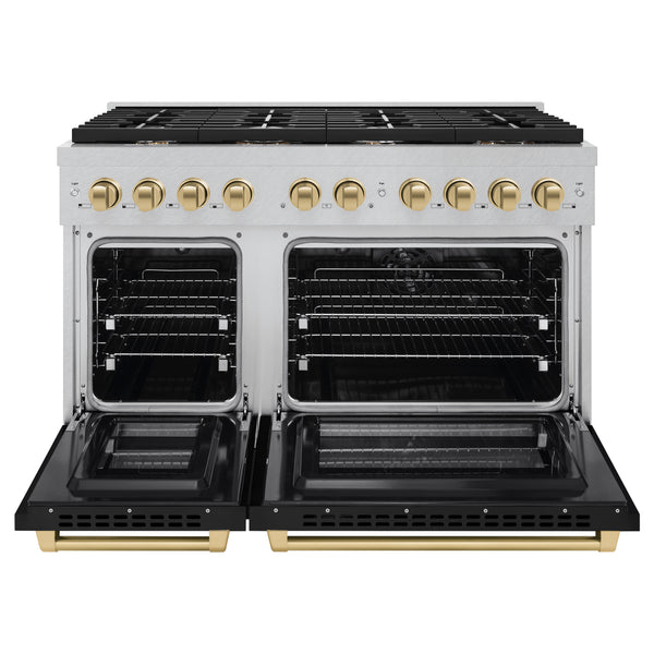 ZLINE Autograph Edition 48 in. 6.7 cu. ft. Paramount Double Oven Dual Fuel Range with 8 Burner Gas Cooktop in Satin Stainless Steel with Black Matte Doors and Champagne Bronze Accents (SDRSZ-BLM-48-CB)