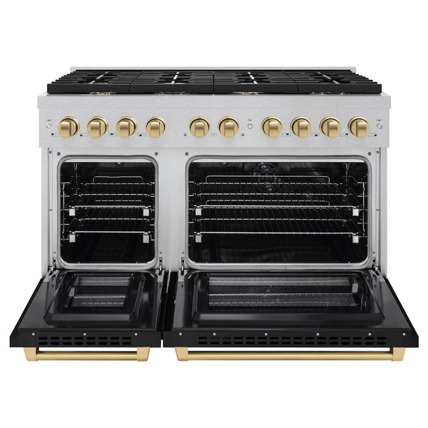ZLINE Autograph Edition 48 in. 6.7 cu. ft. Paramount Double Oven Dual Fuel Range with 8 Burner Gas Cooktop in Satin Stainless Steel with Black Matte Doors and Champagne Bronze Accents, Open Box-Good Condition