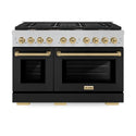ZLINE Autograph Edition 48 in. 6.7 cu. ft. Paramount Double Oven Dual Fuel Range with 8 Burner Gas Cooktop in Satin Stainless Steel with Black Matte Doors and Champagne Bronze Accents (SDRSZ-BLM-48-CB)