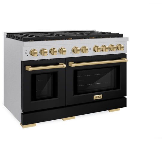 ZLINE Autograph Edition 48 in. 6.7 cu. ft. Paramount Double Oven Dual Fuel Range with 8 Burner Gas Cooktop in Satin Stainless Steel with Black Matte Doors and Champagne Bronze Accents (SDRSZ-BLM-48-CB)