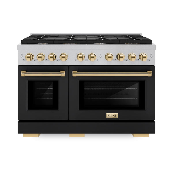 ZLINE Autograph Edition 48 in. 6.7 cu. ft. Paramount Double Oven Dual Fuel Range with 8 Burner Gas Cooktop in Satin Stainless Steel with Black Matte Doors and Polished Gold Accents, Open Box-Great Condition