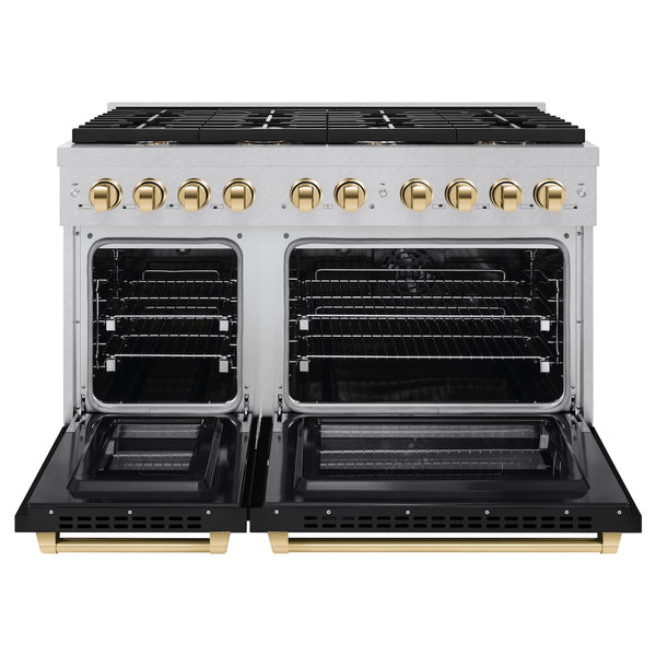 ZLINE Autograph Edition 48 in. 6.7 cu. ft. Paramount Double Oven Dual Fuel Range with 8 Burner Gas Cooktop in Satin Stainless Steel with Black Matte Doors and Polished Gold Accents, Open Box-Great Condition