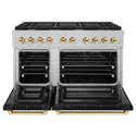 ZLINE Autograph Edition 48 in. 6.7 cu. ft. Paramount Double Oven Dual Fuel Range with 8 Burner Gas Cooktop in Satin Stainless Steel with Black Matte Doors and Polished Gold Accents, Open Box-Good Condition